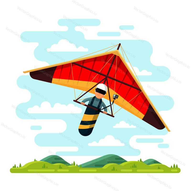 Man flying hang glider. Vector flat style design illustration. Hang gliding extreme air sport concept.