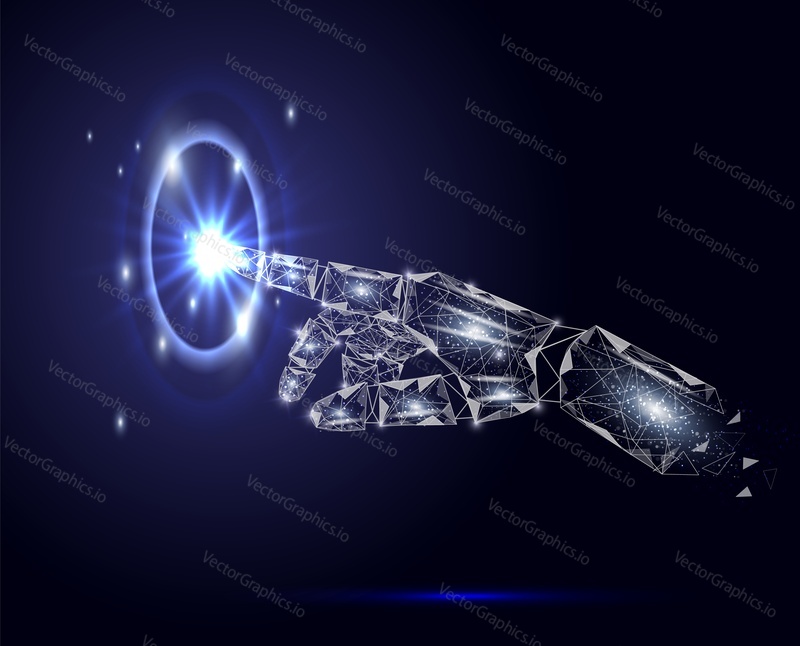 Vector polygonal art style hand touch gesture. Low poly wireframe mesh with scattered particles and light effects on dark blue background. Touch future concept poster banner design template.