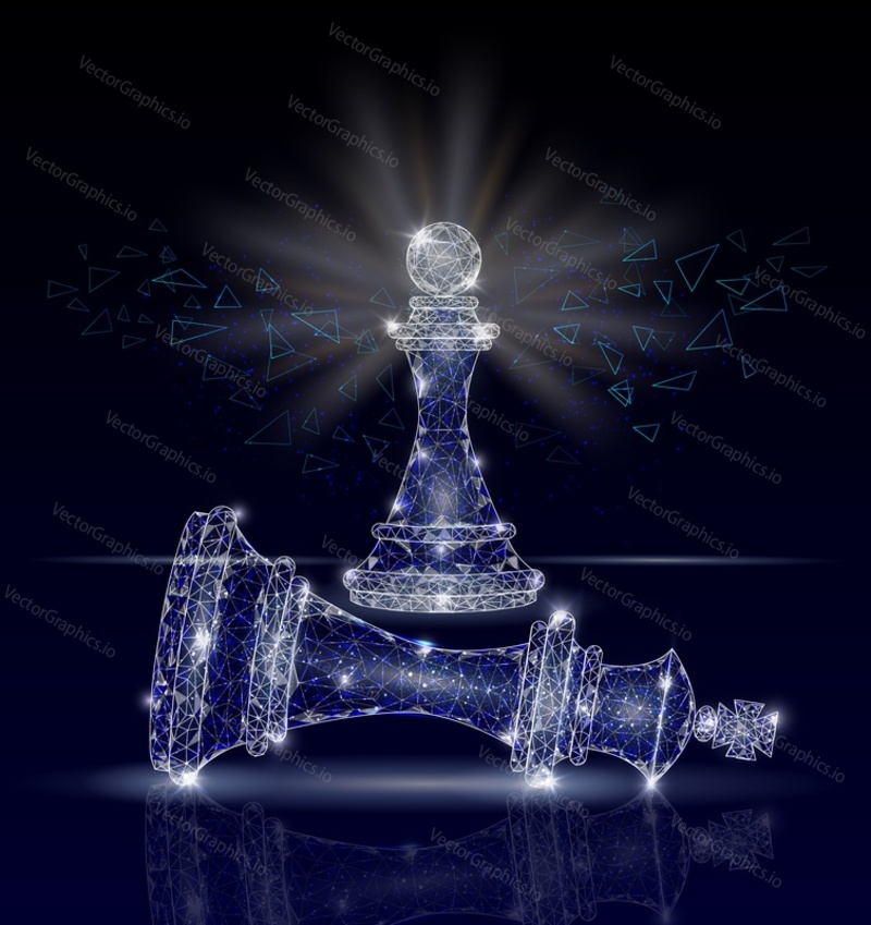Vector polygonal art style pawn winning king chess piece. Low poly wireframe mesh with scattered particles and light effects. Business winner poster banner design template.