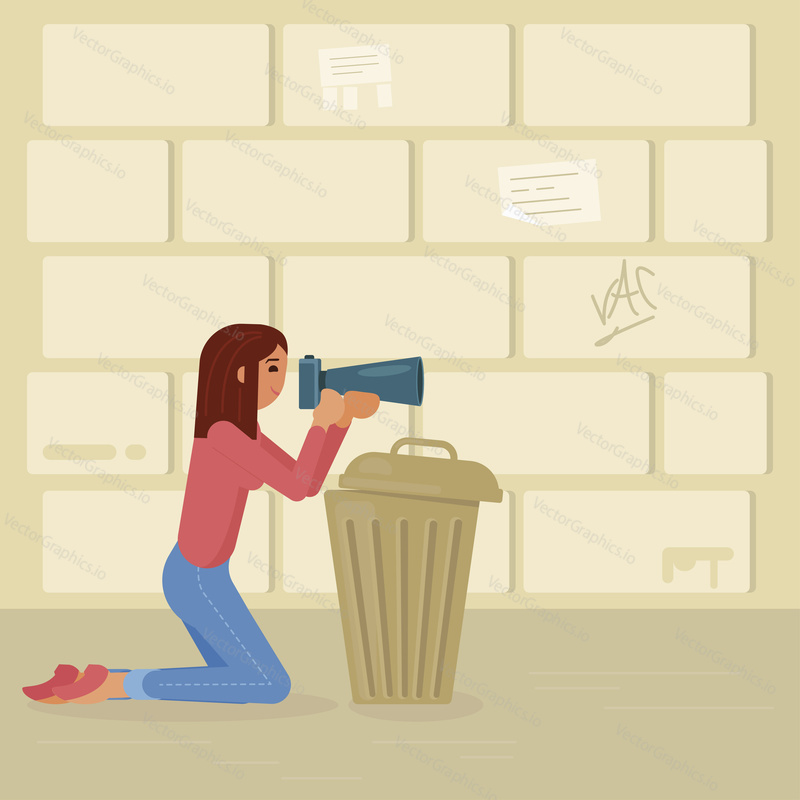 Paparazzi photographer young girl taking photo of famous person or people while hiding behind of garbage can standing next to building wall. Vector flat style design illustration.