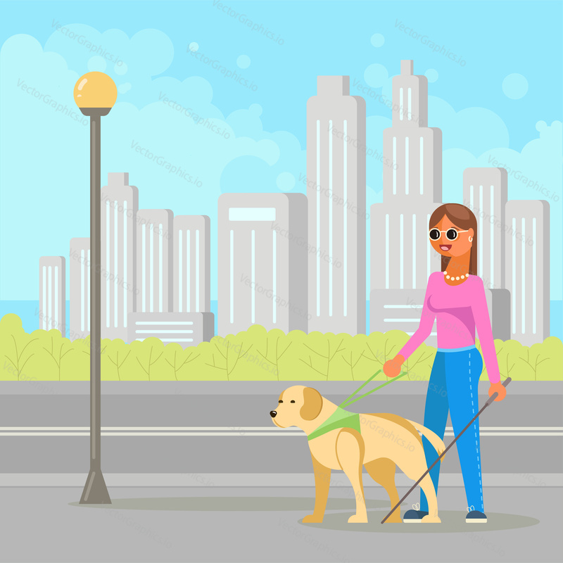 Vector illustration of disabled blind young woman with stick and guide dog walking in street. Flat style design.