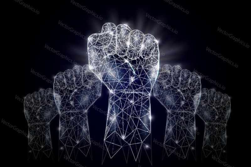 Vector polygonal art style raised up clenched fists. Low poly wireframe mesh with scattered particles and light effects on dark blue background. Raised hands poster banner design template.