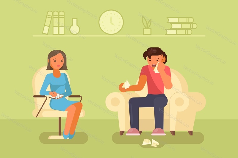 Depressed young man crying while talking to psychologist sitting in armchair next to him. Vector flat style design illustration.