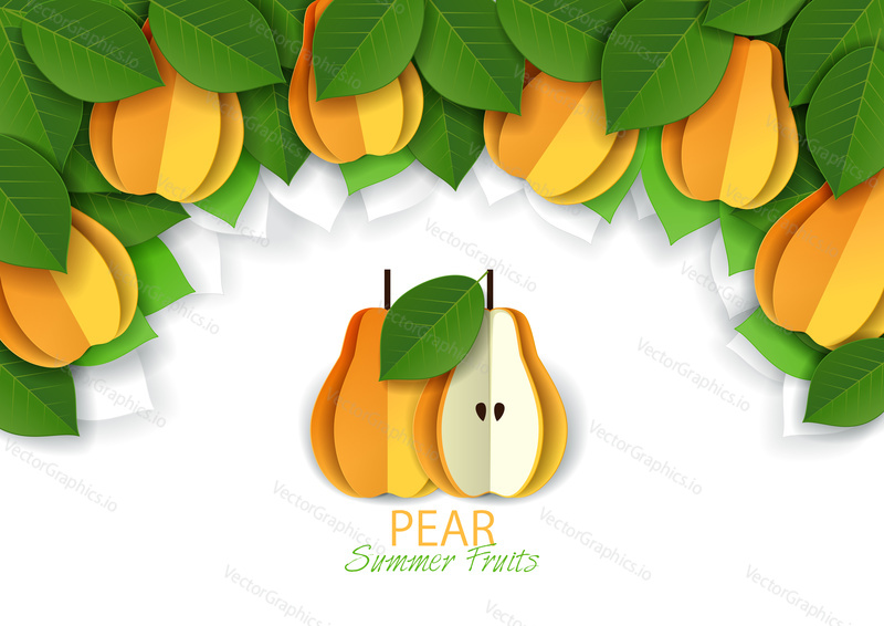 Ripe fresh yellow pear fruit background, frame. Vector paper art illustration. Packaging label design template.