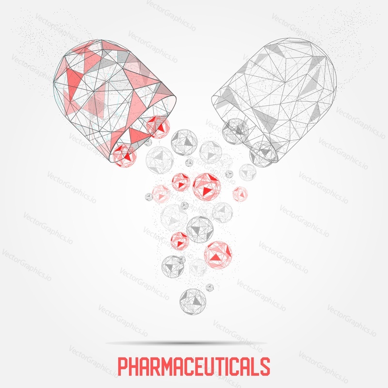 Vector polygonal art style open pharmaceutical capsule. Low poly wireframe mesh with scattered particles effect. Poster banner design template.
