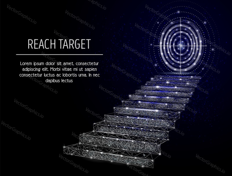 Vector polygonal art style stairway with target circle. Low poly wireframe mesh with light effects on dark blue background. Reach target business concept poster banner design template with copy space.