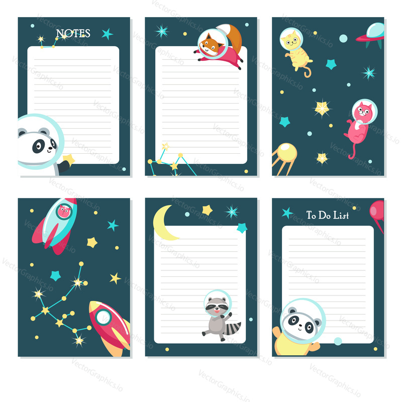 Planner vector template with cute space animals panda, raccoon, cat, fox, rockets, planets, constellations. Organizer and schedule with place for notes and To do list.