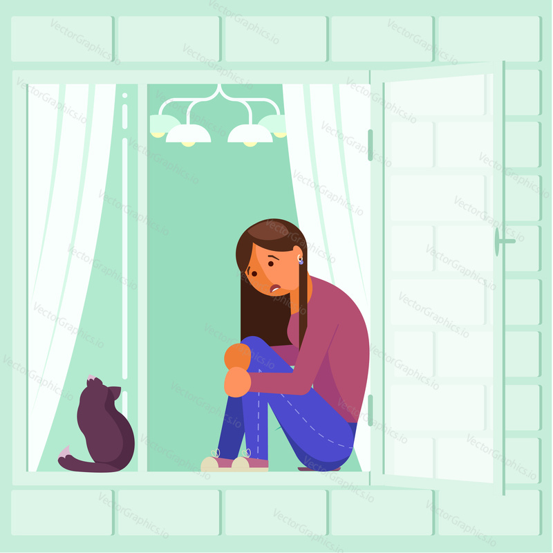 Depressed young girl sitting on window sill with her lovely pet cat. Vector flat style design illustration.