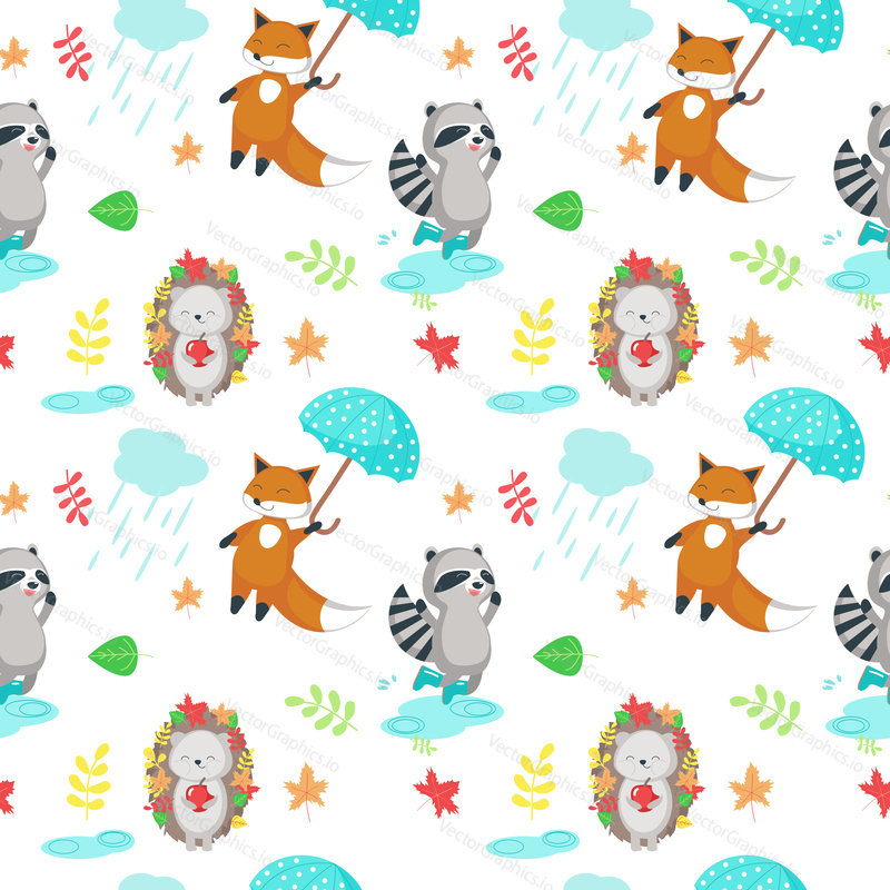 Vector seamless pattern with cute animals fox, hedgehog, raccoon, clouds with raindrops and autumn leaves. Autumn background, wallpaper, fabric, wrapping paper design.