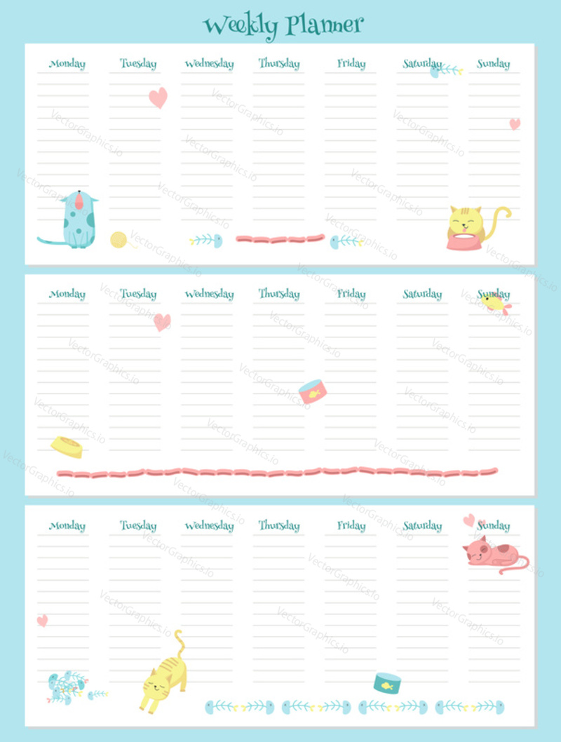 Weekly planner vector template with cute cats and pets accessories. Organizer and schedule with place for notes.