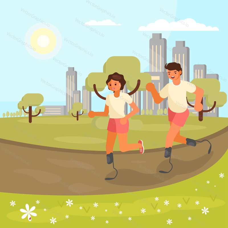 Vector illustration of disabled young man and woman running on prosthesis or artificial sports feet. Blade runners flat style design elements.