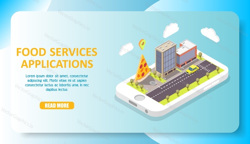 Food services applications web banner, template. Vector isometric smartphone with car going down city street with buildings and slice of pizza with map marker on screen, copy space, read more button.