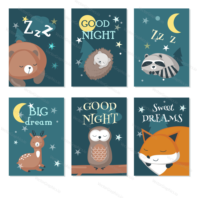 Vector set of cards with sleeping cute animals and handwritten quotations. Vector illustration of funny hedgehog, bear, deer, fox, owl raccoon with night sky landscape.