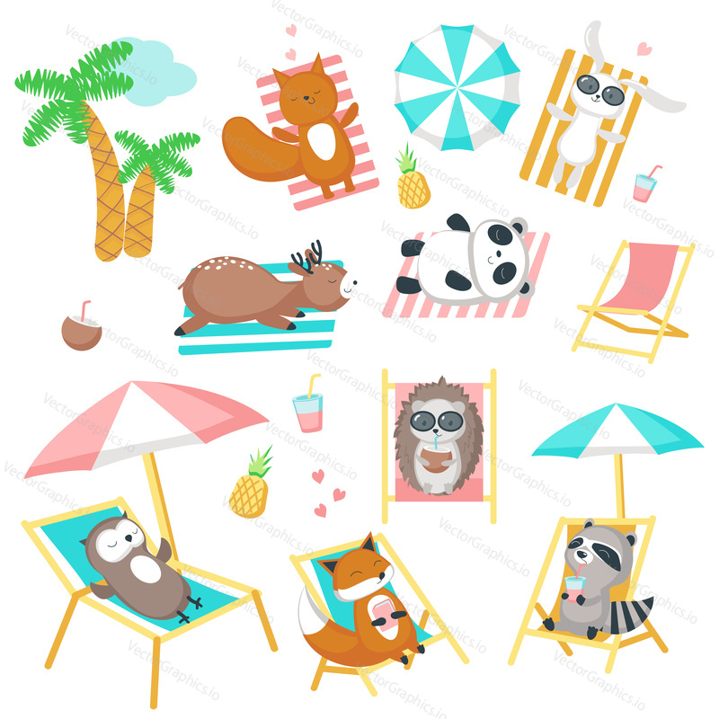 Cute wild animals taking rest on beach icon set. Vector illustration of funny hedgehog fox squirrel owl raccoon rabbit deer and panda enjoying summer beach holidays isolated on white background.