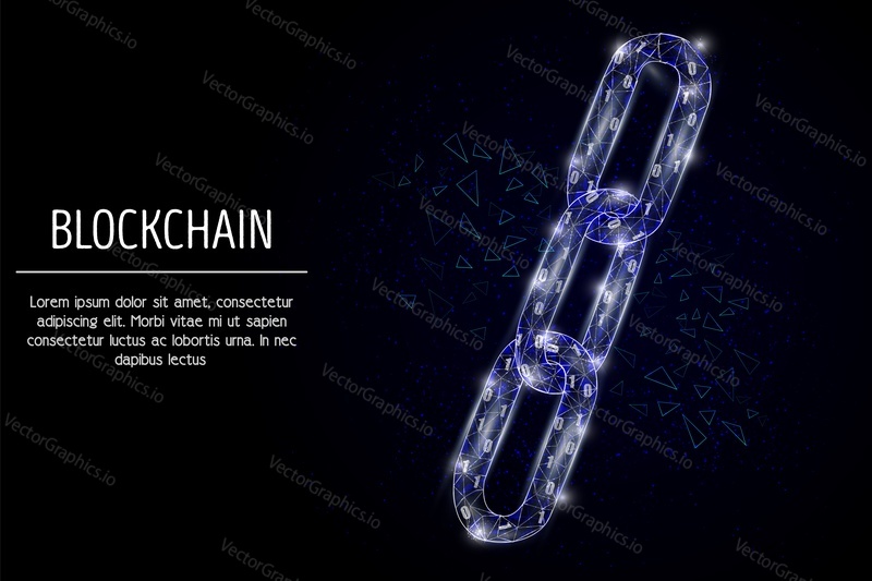 Vector polygonal art style iron chain. Low poly wireframe mesh with scattered particles and light effects on dark blue background. Blockchain technology poster banner design template with copy space.