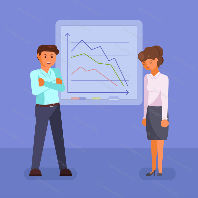 Business failure concept vector flat style design illustration. Depressed business people man and woman standing at whiteboard with falling down graphs on it.