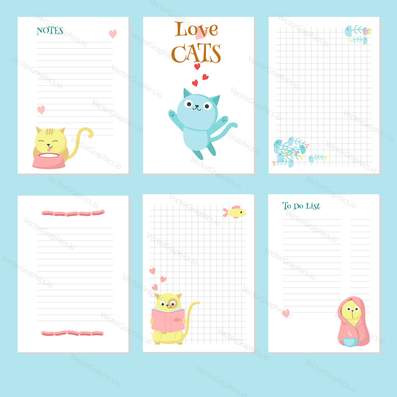 Planner vector template with cute cats and pets accessories. Organizer and schedule with place for notes and To do list.