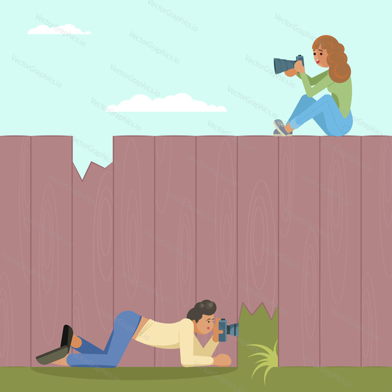 Paparazzi photographers young man and woman taking photo of famous person or people while hiding behind of fence and sitting on fence. Vector flat style design illustration.