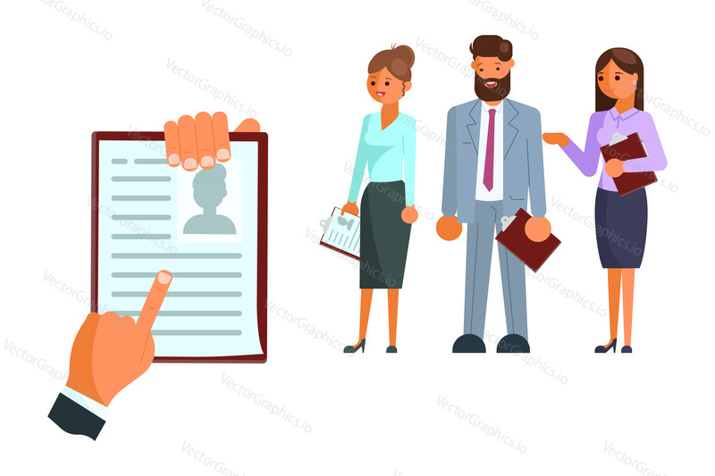 Recruitment process concept vector illustration isolated on white background. Hands holding cv of chosen candidate for job interview. Flat style design.