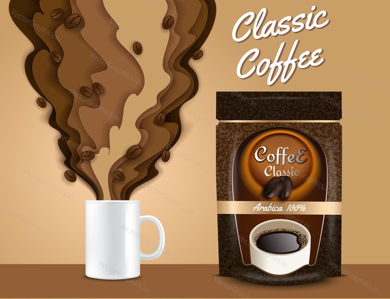 Vector paper cut cup of hot aromatic coffee with coffee splashes and beans, coffee packaging bag flexible standing ziplock pouch. 3d coffee poster, banner, flyer design template.