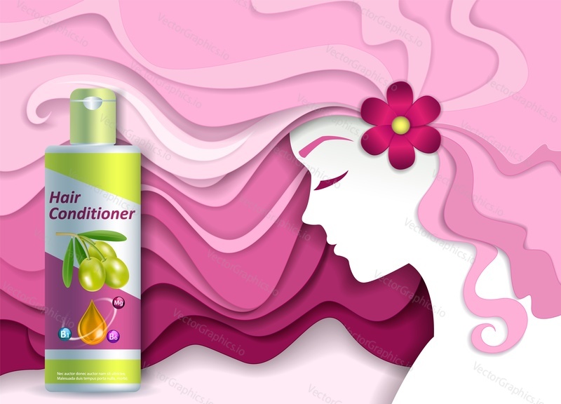 Hair conditioner ads vector paper cut illustration. Hair care product hair conditioner plastic bottle packaging mock up and beautiful woman with pink long wavy hair.