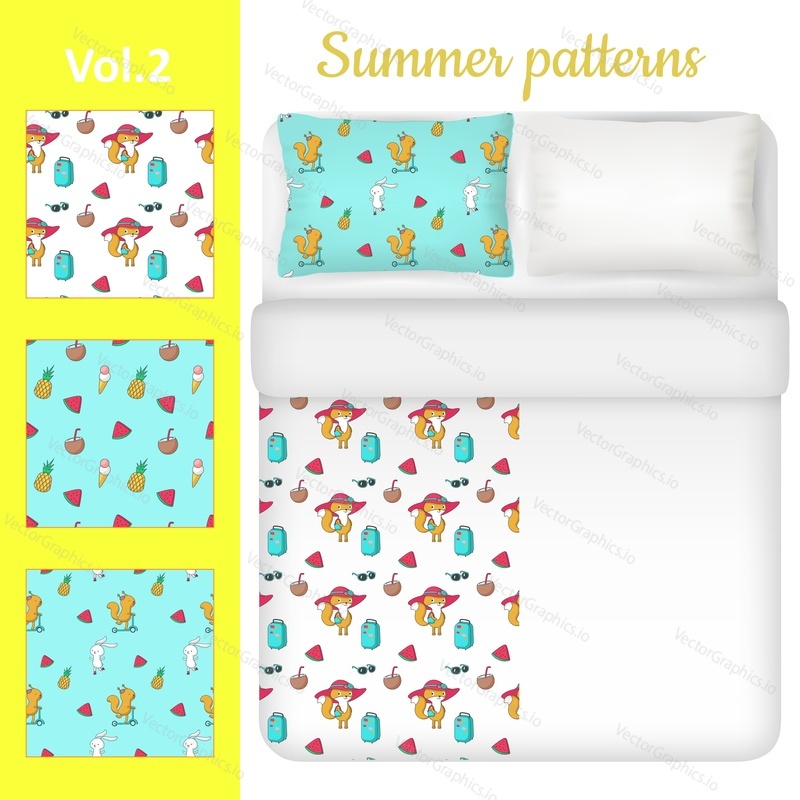 White blank and summer bed linen set. Three seamless patterns for kids bedding fabric samples with cute cartoon bunny, squirrel, fox, pineapple, watermelon. Vector top view illustration.