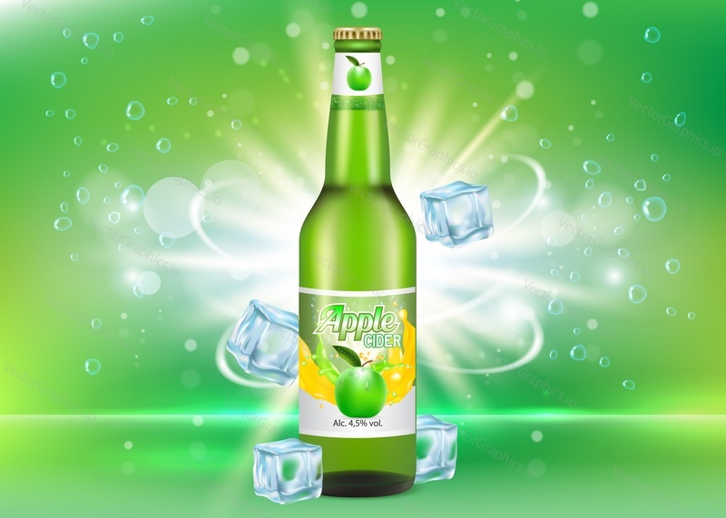 Apple cider package mockup. Vector realistic illustration of green glass bottle with label of alcohol drink fruit beer, ice cubes, bubbles. 3d apple cider poster, banner, flyer design template.