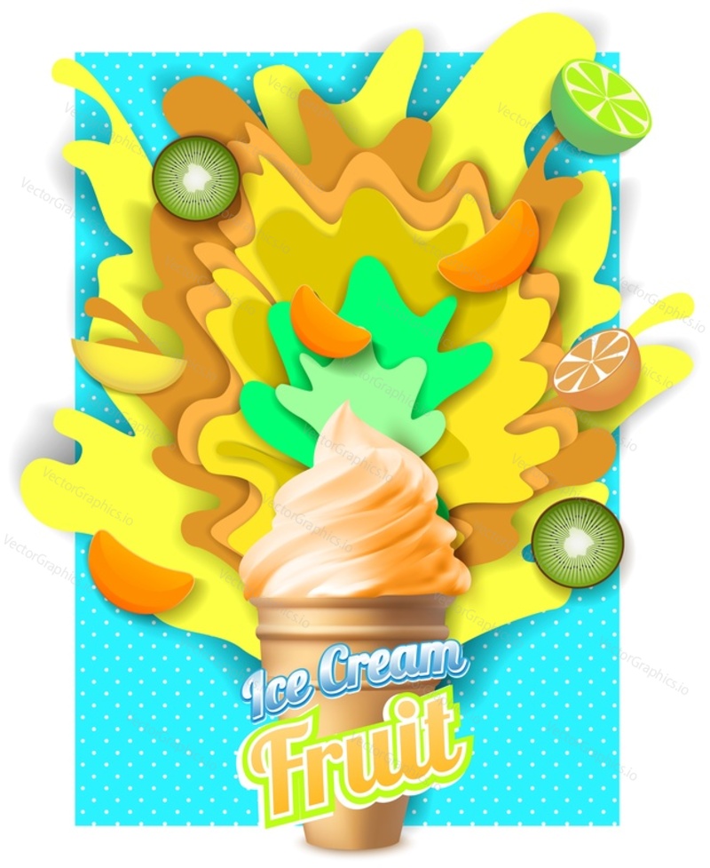 Шаблон дизайна плаката с тропическим фруктовым мороженым. Векторный бумажный рожок для мороженого с брызгами фруктового сока и свежими ломтиками киви, лайма, манго, апельсина.