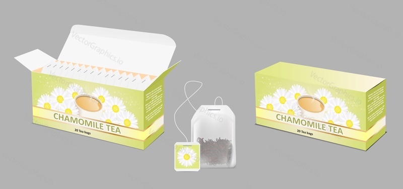 Chamomile tea paper box and tea bag packaging mockup set. Vector realistic illustration.