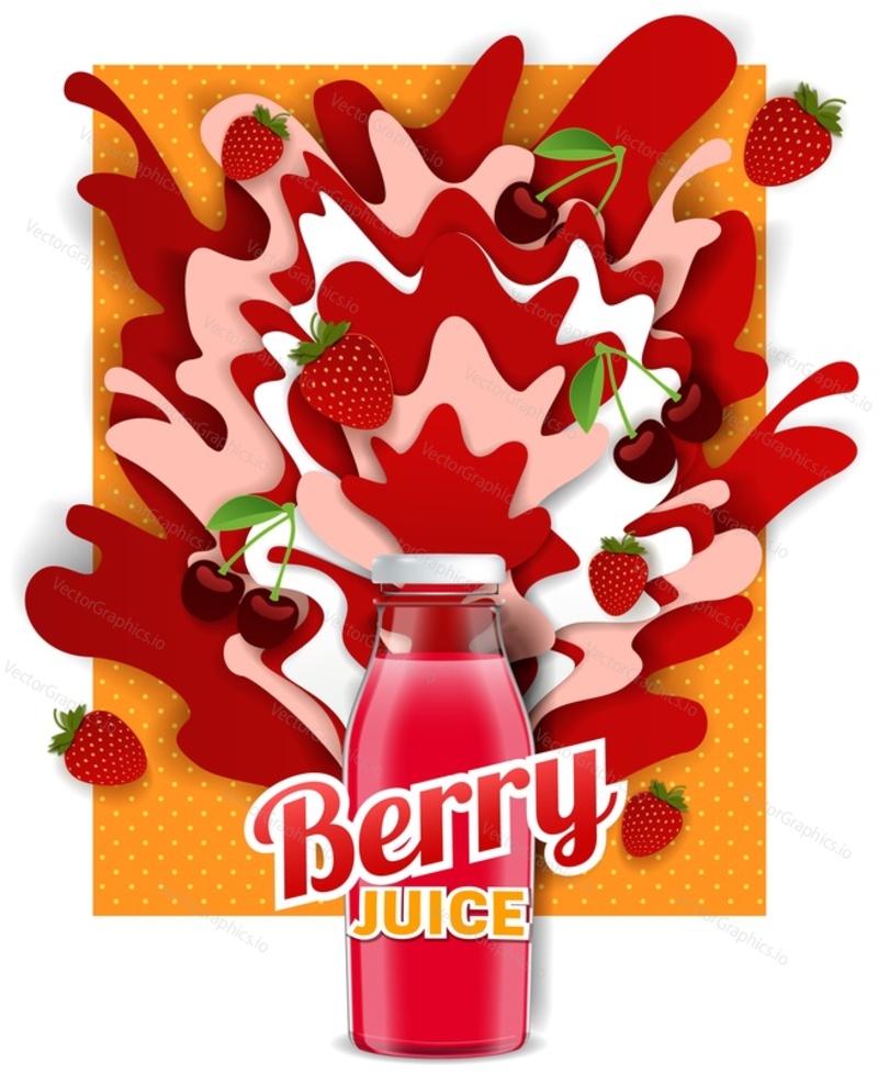 Mixed berry juice drink. Vector paper cut poster, banner, flyer design template. Berry juice glass bottle with juice splashes and fresh strawberry, cherry.