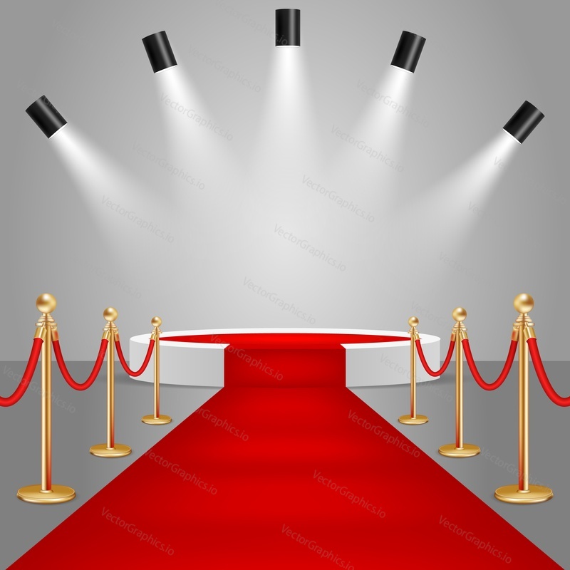 Spotlights and white round stage podium with red carpet. Vector realistic illustration. Red carpet event design element.