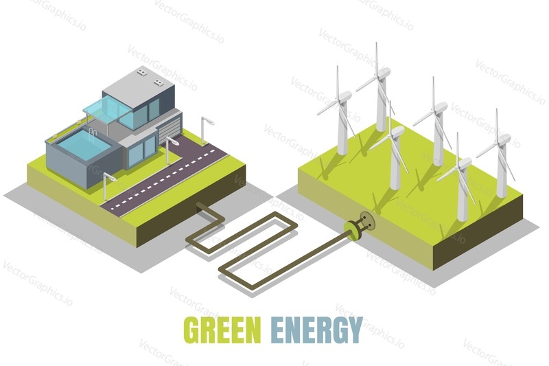 Green energy concept vector illustration. Isometric eco friendly modern house and wind turbines producing electrical energy.
