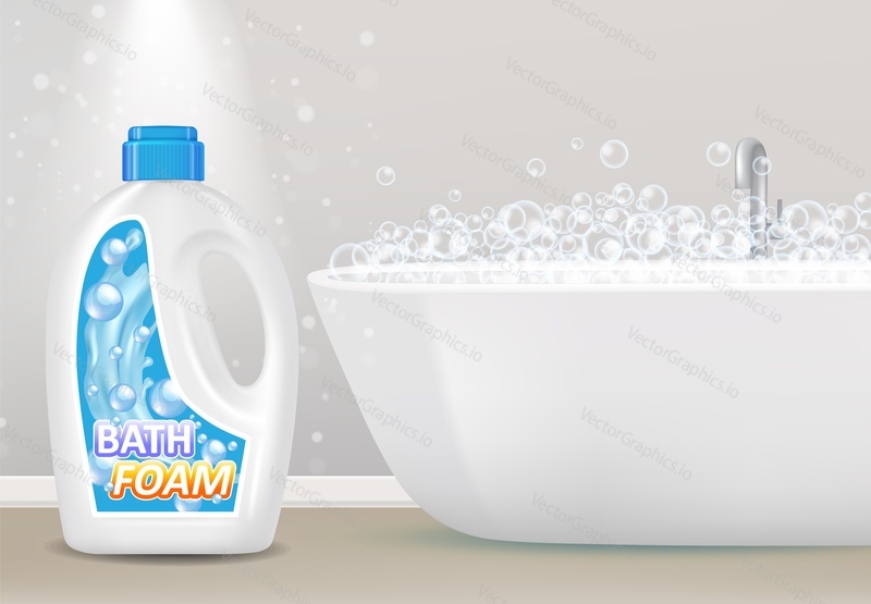 Vector illustration of bath foam bottle and bathtub with soap bubbles. Plastic bath foam bottle packaging with label realistic mock up. 3d bath foam poster, banner, flyer design template.
