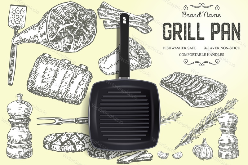 Grill pan brand ads poster banner template. Vector realistic top view grill pan and ink hand drawn barbeque food meat, spices, herbs.