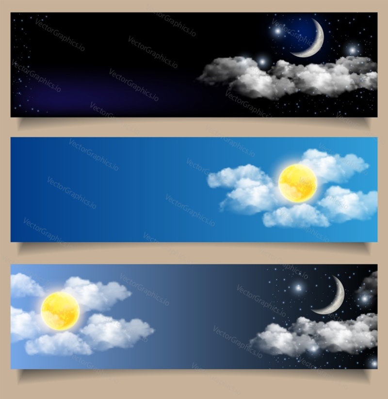 Vector set of day and night horizontal banners with sky landscape. Daylight blue sky with sun and white clouds and night dark blue sky with crescent moon and stars.