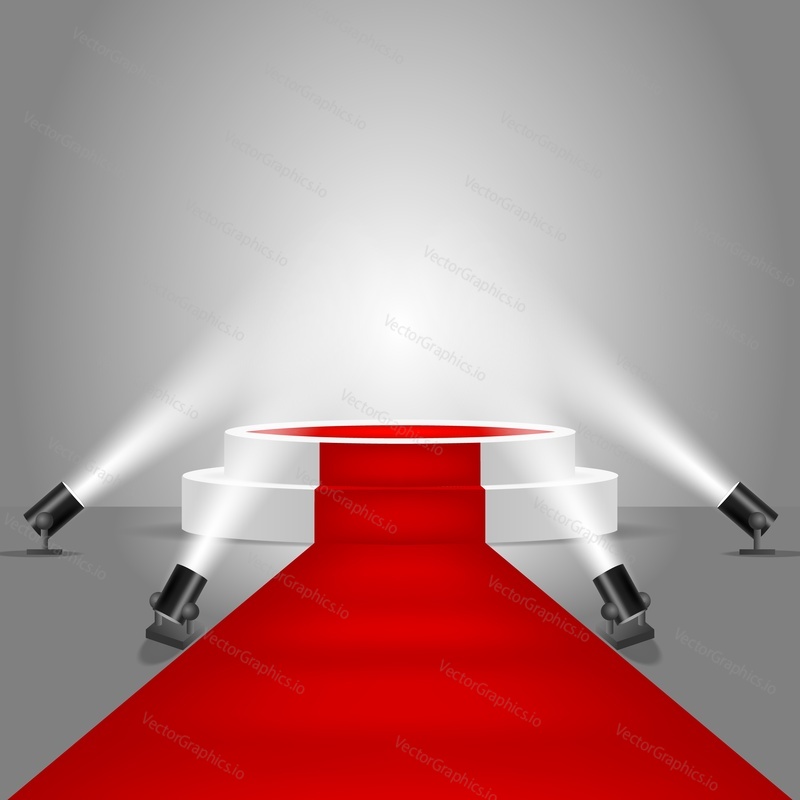 White round stage podium with red carpet illuminated by floor spotlights. Vector realistic illustration. Podium spotlight background.