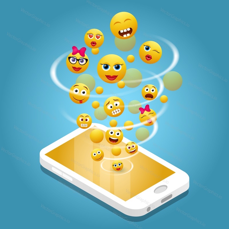 Mobile phone emoji concept vector realistic illustration. Isometric smartphone with whirl of smiley characters.