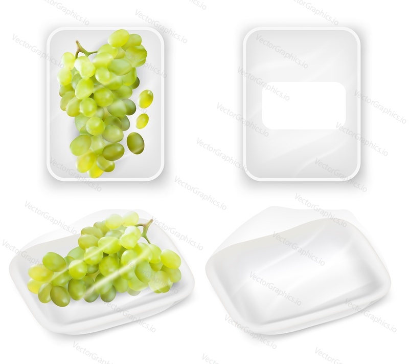 White empty and fruit grapes plastic food packaging tray wrapped with polyethylene film mockup set. Vector realistic illustration isolated on white background.