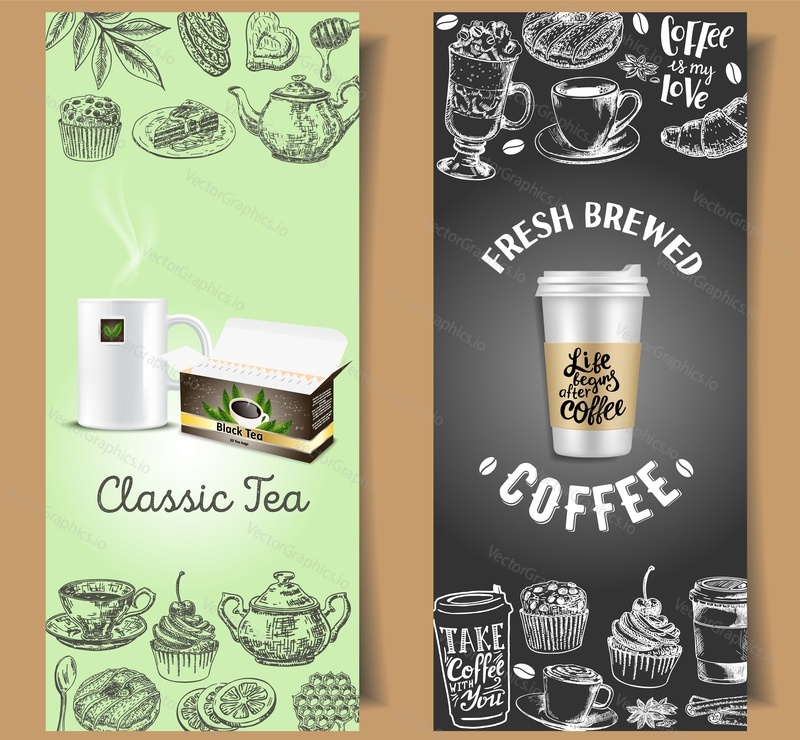 Vintage chalkboard coffee and tea flyer design templates. Vector realistic cup of tea, paper box with tea bags, disposable coffee cup with doodle sweets, coffee drinks, coffee quotes and tea things.