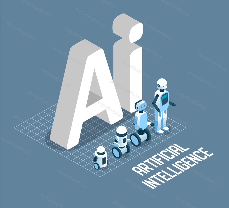 Artificial intelligence concept vector isometric illustration. AI letters and robot machines symbols for poster, banner etc.