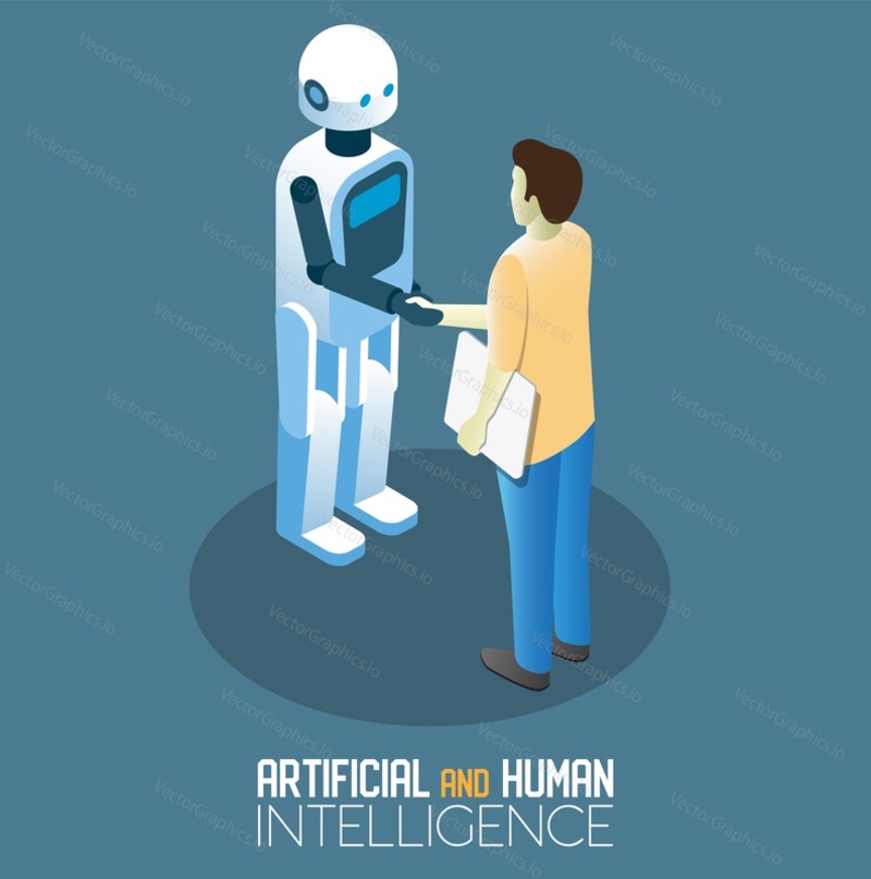 Artificial intelligence and human intelligence concept. Vector isometric illustration of robot machine and businessman shaking hands.