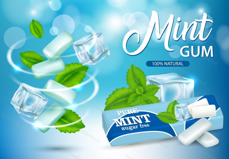 Vector realistic swirl of mint chewing gum pads and green mint leaves, bubblegum paper package design mockup, copy space, blue background. Pure mint and sugar free chewing gum ads.