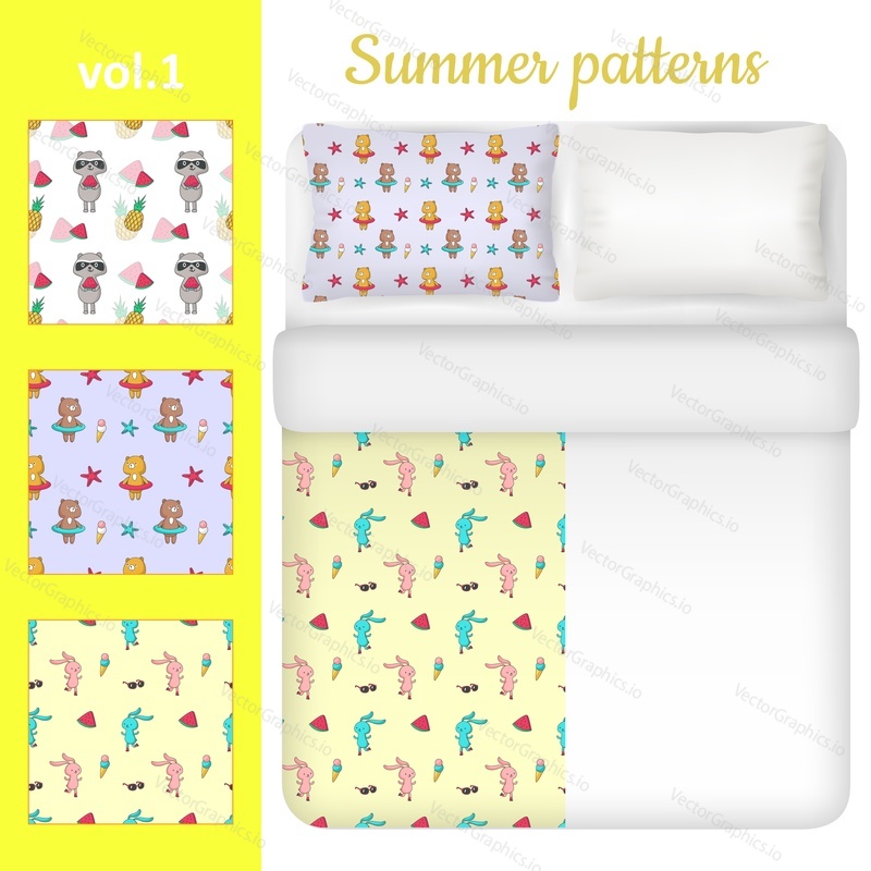 White blank and summer bed linen set. Three seamless patterns for kids bedding fabric samples with cute cartoon bunny, raccoon, bear, ice cream, pineapple, watermelon. Vector top view illustration.
