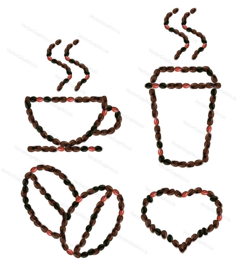Coffee cup, takeaway coffee cup, coffee beans and heart shape with 3d coffee beans pattern. Vector illustration.
