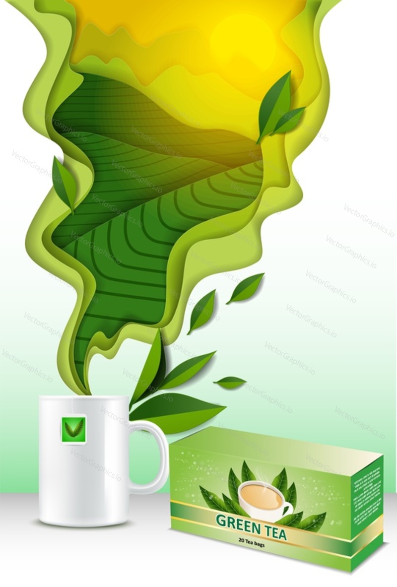 Vector paper cut ceramic cup of spilling aromatic green tea with tea leaves, green tea paper box packaging mock up. 3d green tea poster, banner, flyer design template.
