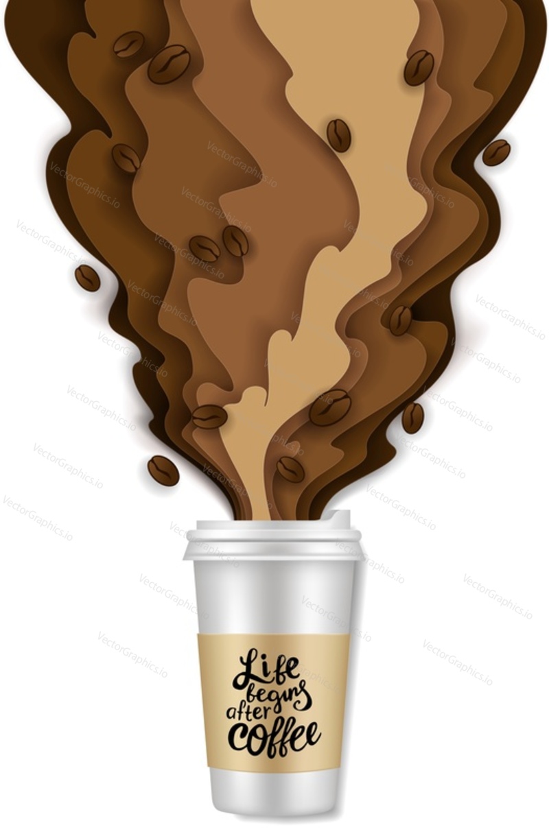 Takeaway coffee paper cut style design element. Vector illustration of disposable coffee cup with coffee splashes and coffee beans isolated on white background.
