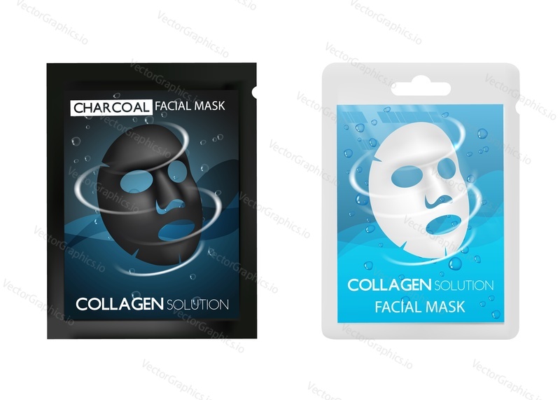 Facial sheet mask sachet package mockup set. Vector realistic illustration isolated on white background. Beauty product packaging design templates.