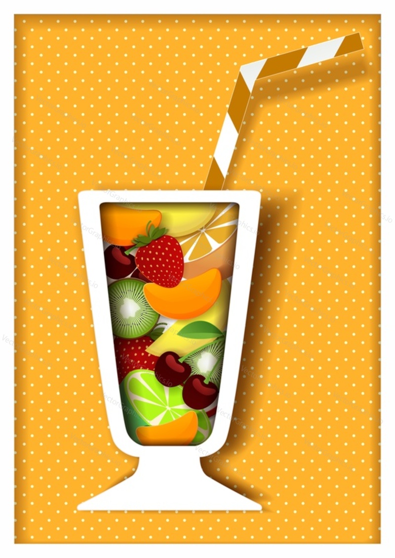 Cocktail poster design template. Vector paper cut cocktail glass with different fruits and drinking straw.