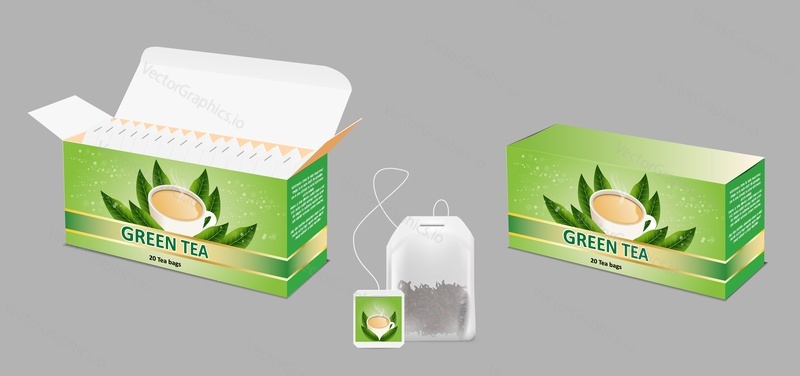 Green tea paper box and tea bag packaging mockup set. Vector realistic illustration.