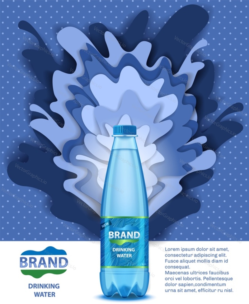 Реклама питьевой воды векторная иллюстрация, вырезанная из бумаги. Пластиковая бутылка для минеральной воды с этикеткой вашего бренда, брызгами воды и местом для копирования.